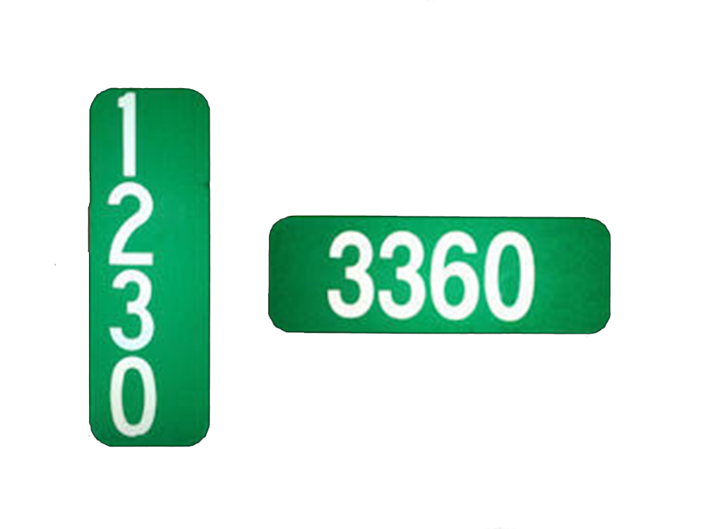 Two green signs with white numbers: one vertical sign reads "1230" from top to bottom, and one horizontal sign reads "3360" from left to right, both on a white background.